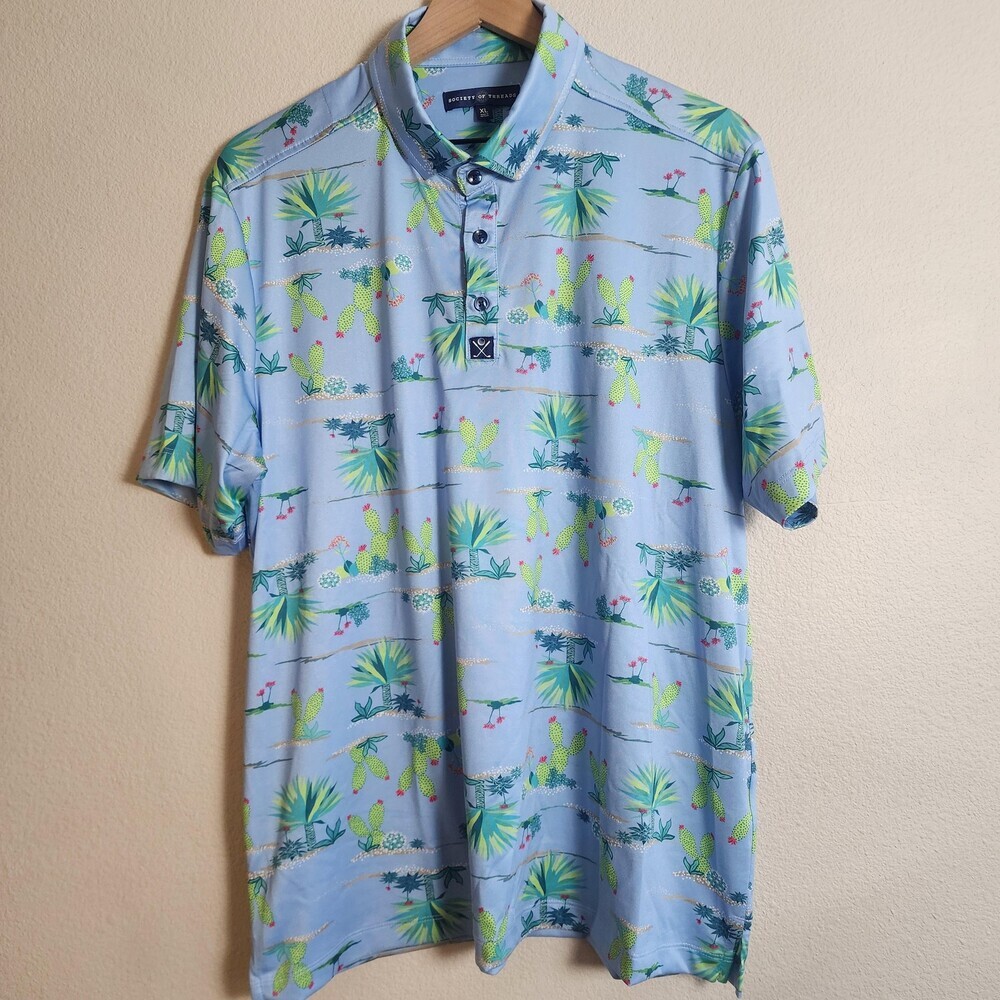 Society Of Threads Polo Shirt Mens XL Blue Cactus Print Golf Stretch Casual